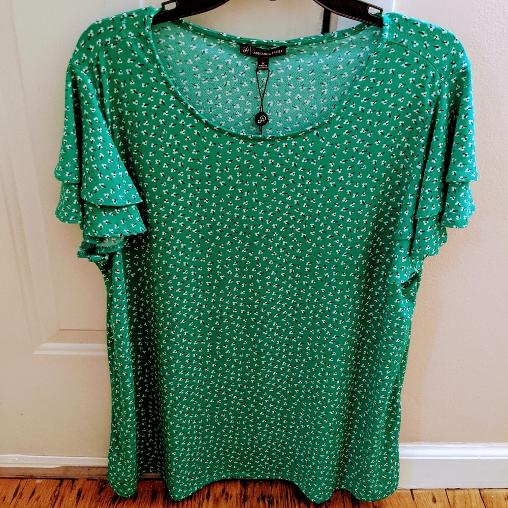 Adrianna Papell Double Flutter Short Sleeve Emerald Green ladies Top size 1X New